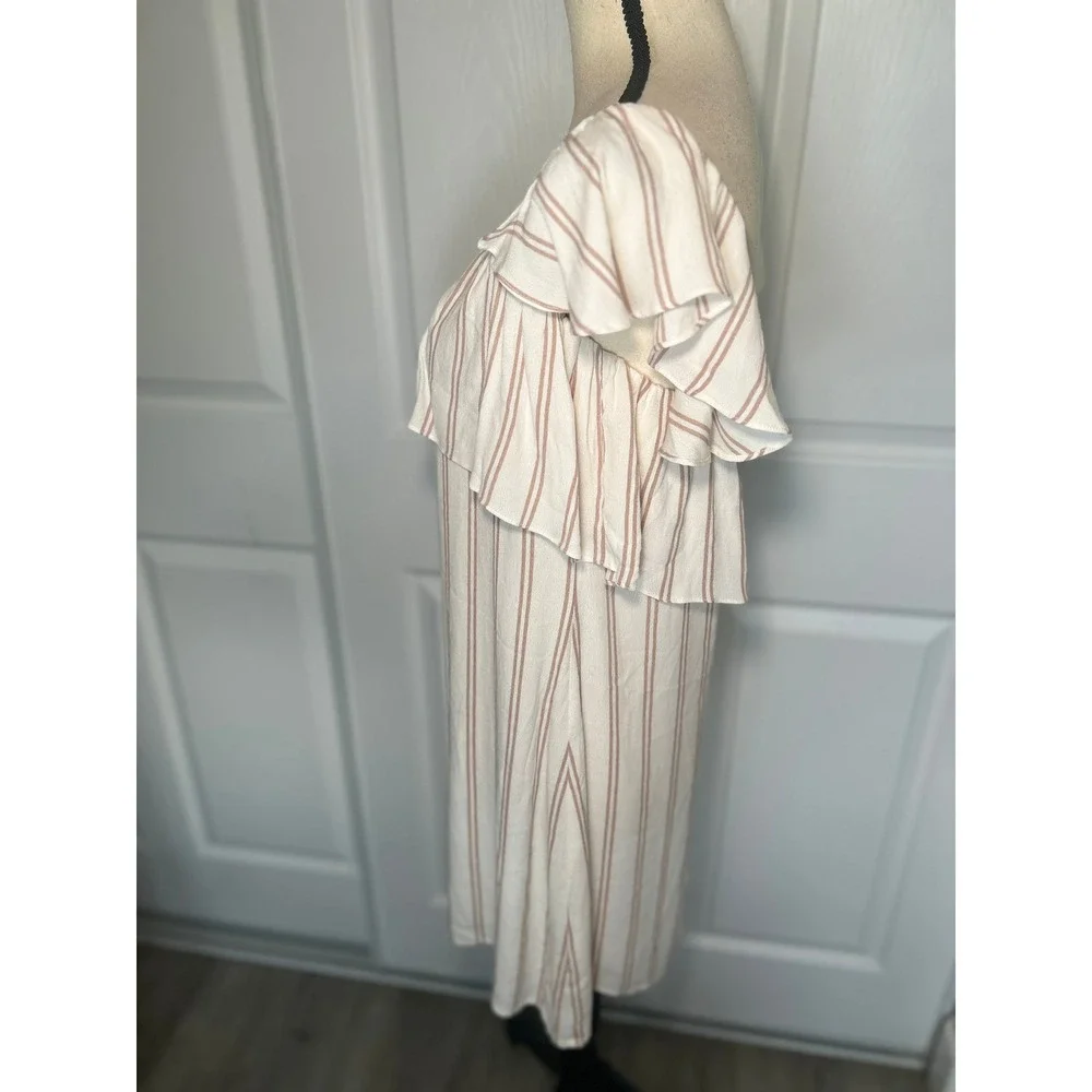 Privacy Please Revolve Norval Dress Off Shoulder Ruffle M Cream Tan Striped Mini